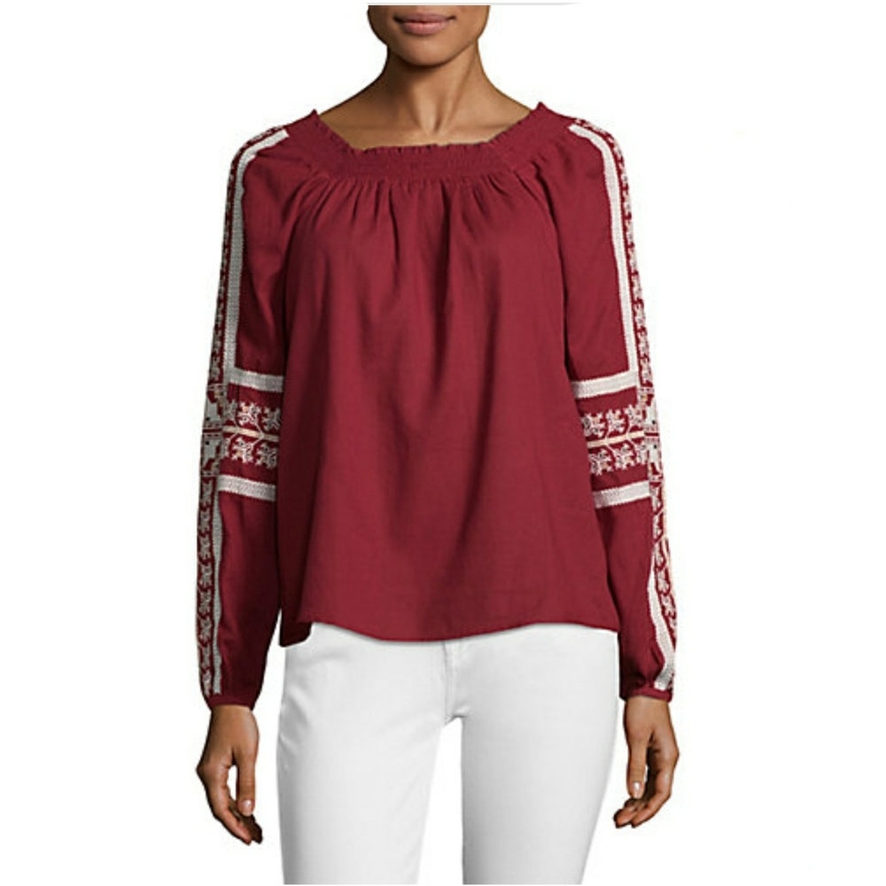Love Sam Rustic Aztec Burgundy White BOHO Vintage Inspired Smocked Blouse S